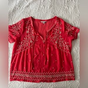 American eagle, pink/coral colored embroidered short sleeve blouse with necktie